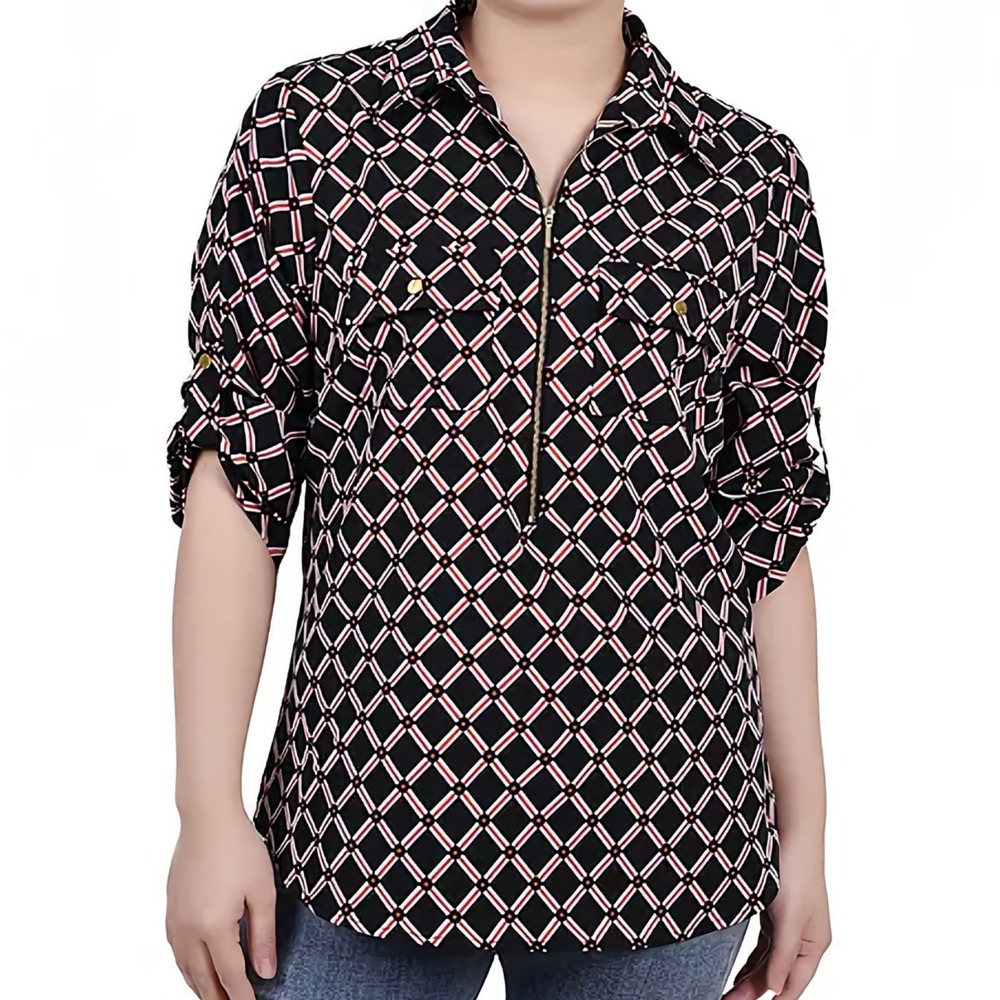 NY Collection 3/4 Roll Tab Sleeve Zip Front Top Black Red Chain Pattern Women PS